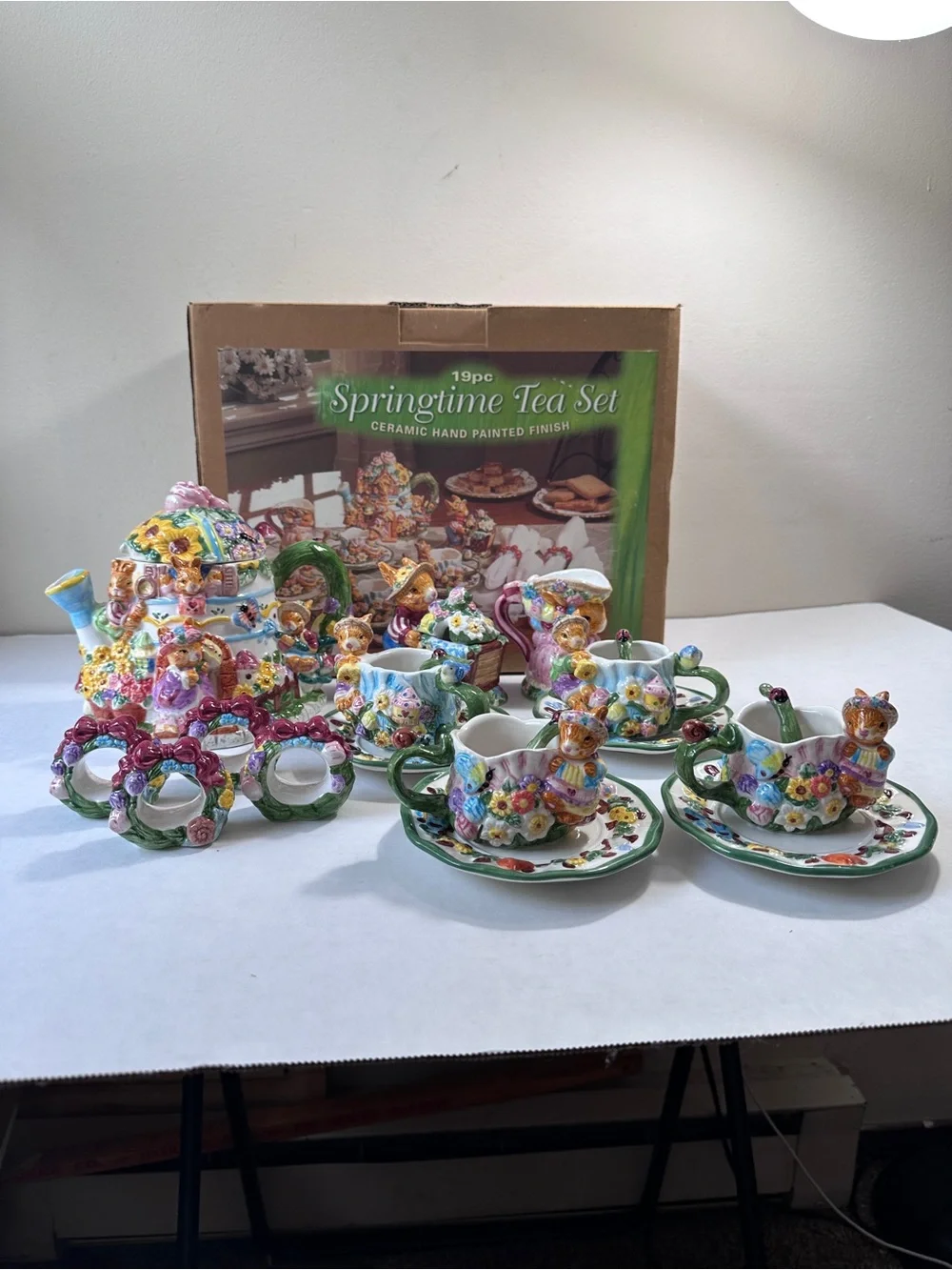 Springtime Tea Set 19pc Ceramic Hand Painted Finish Easter Bunny Rabbit Boxed